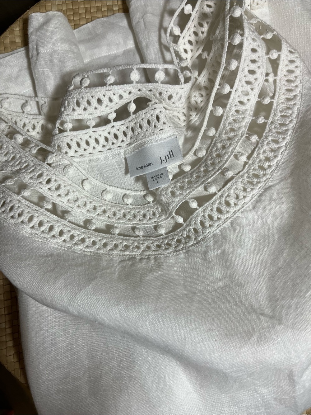 J. Jill Crochet Lace Edge Boho White Linen Boxy  Blouse Top L - Picture 2 of 7